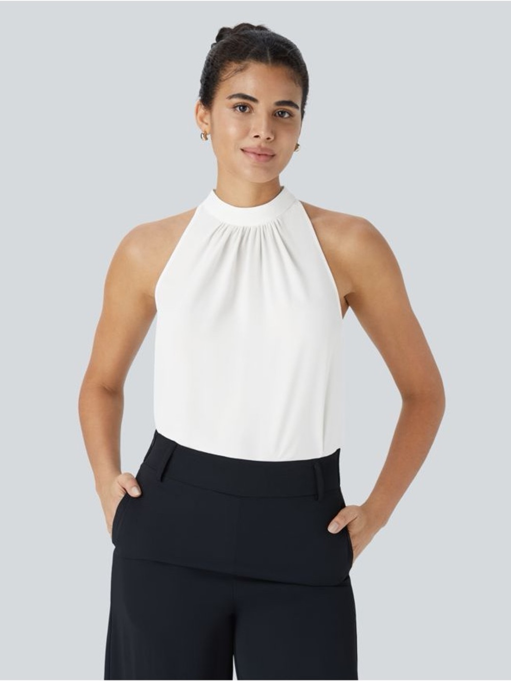 HALARA Keyhole Back Halter Sleeveless Curved Hem Work Blouse L Fish Belly White